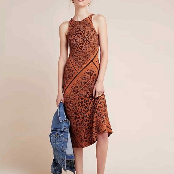 FARM RIO for Anthropologie Waffle Knit Alyse Midi Dress Orange Black Brown Small - Picture 1 of 11